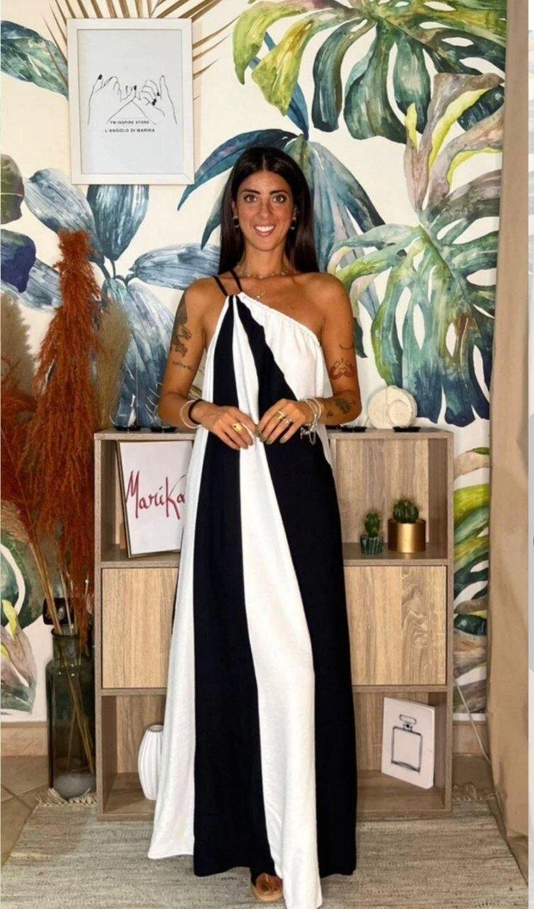 ÇİFT RENKLİ ELBİSE-SİYAH