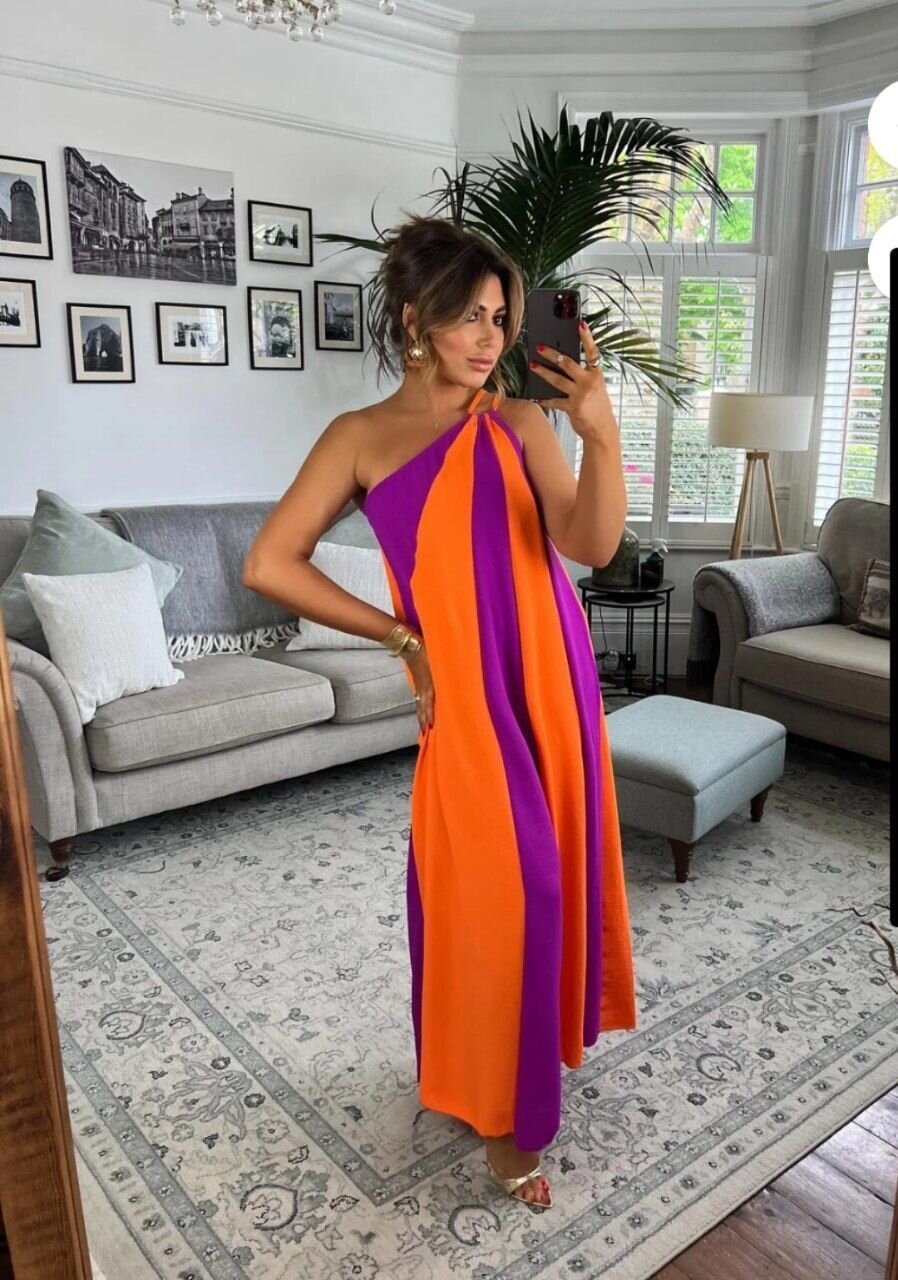 ÇİFT RENKLİ ELBİSE-TURUNCU