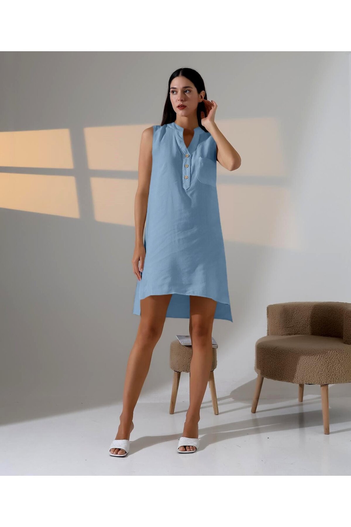 Düğme Detaylı Mini Elbise