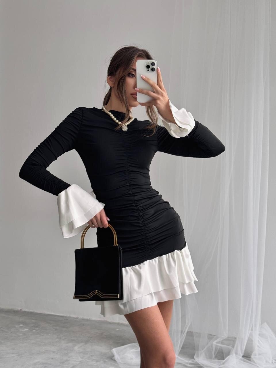 Fırfır Detaylı Drapeli Mini Elbise