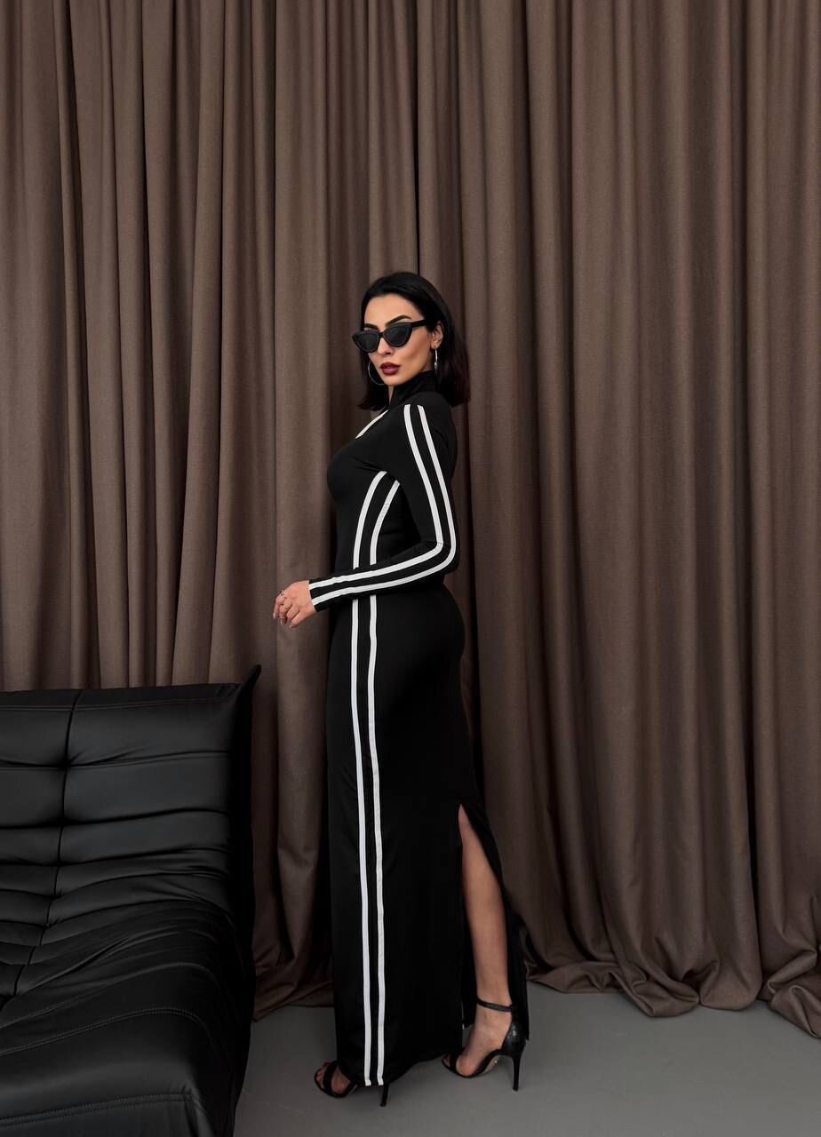 Şerit Detaylı Uzun Elbise