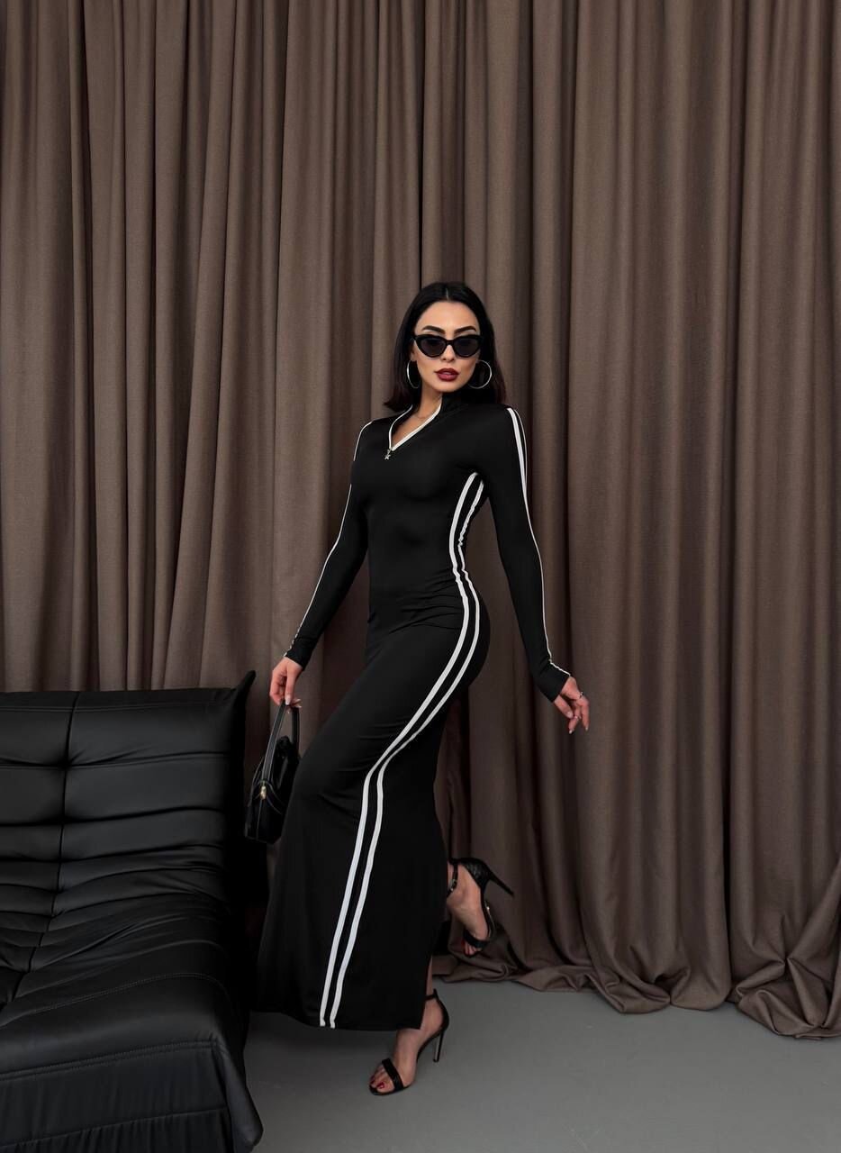 Şerit Detaylı Uzun Elbise