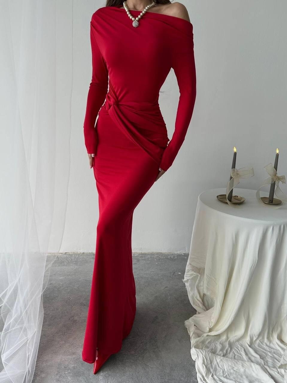 Kayık Yaka Uzun Kurdele Elbise