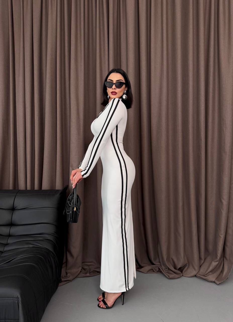 Şerit Detaylı Uzun Elbise
