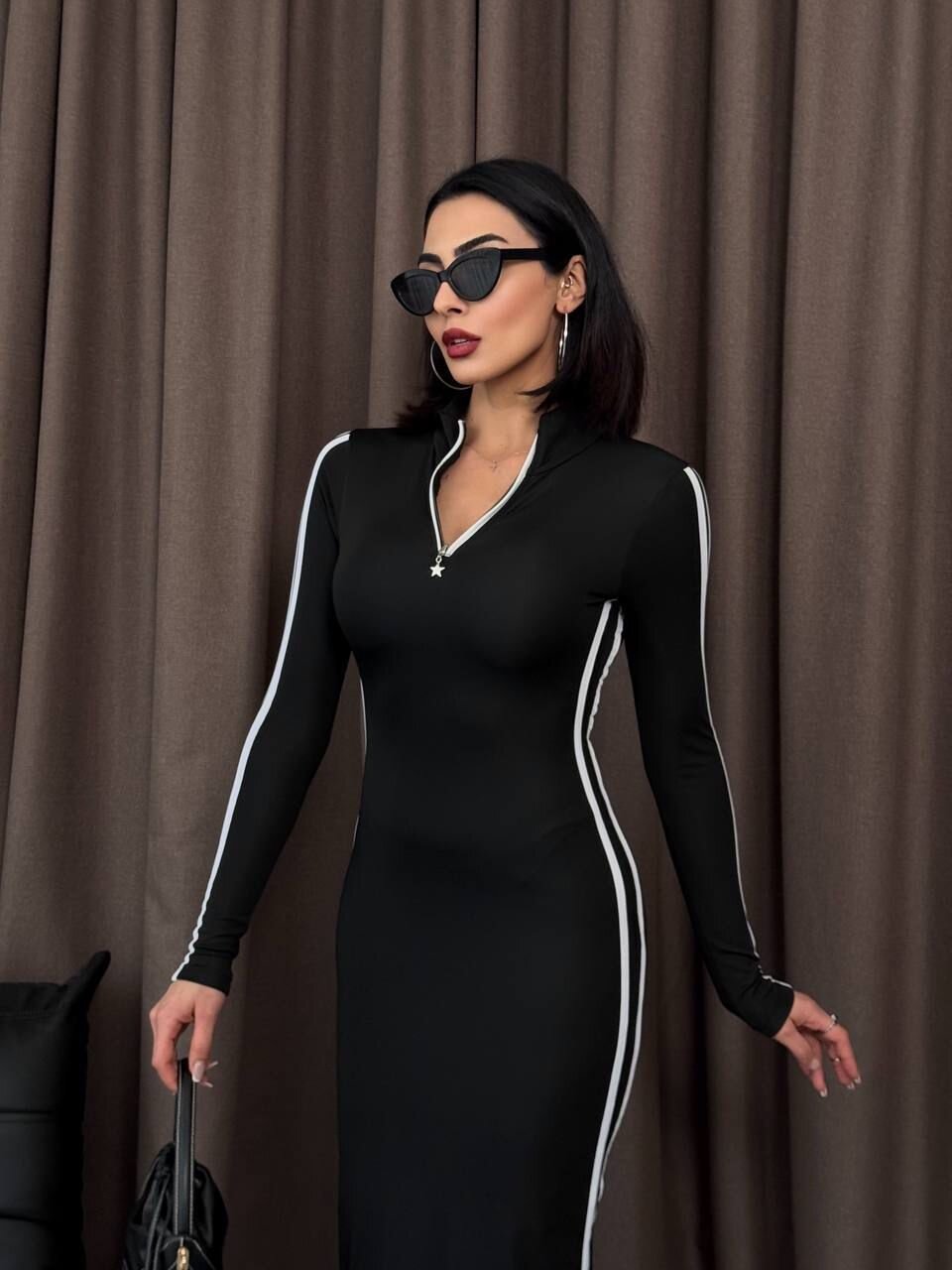 Şerit Detaylı Uzun Elbise