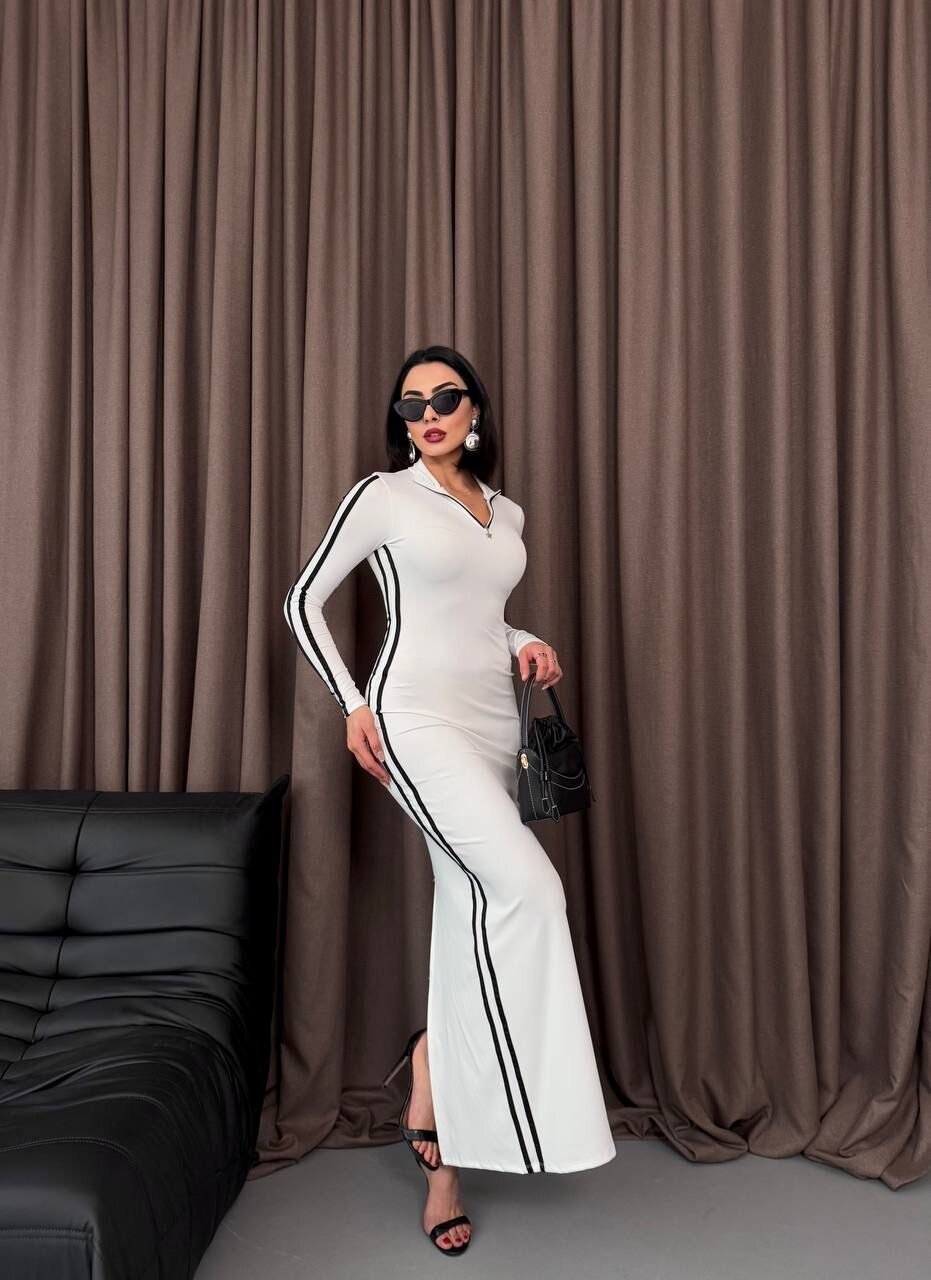 Şerit Detaylı Uzun Elbise