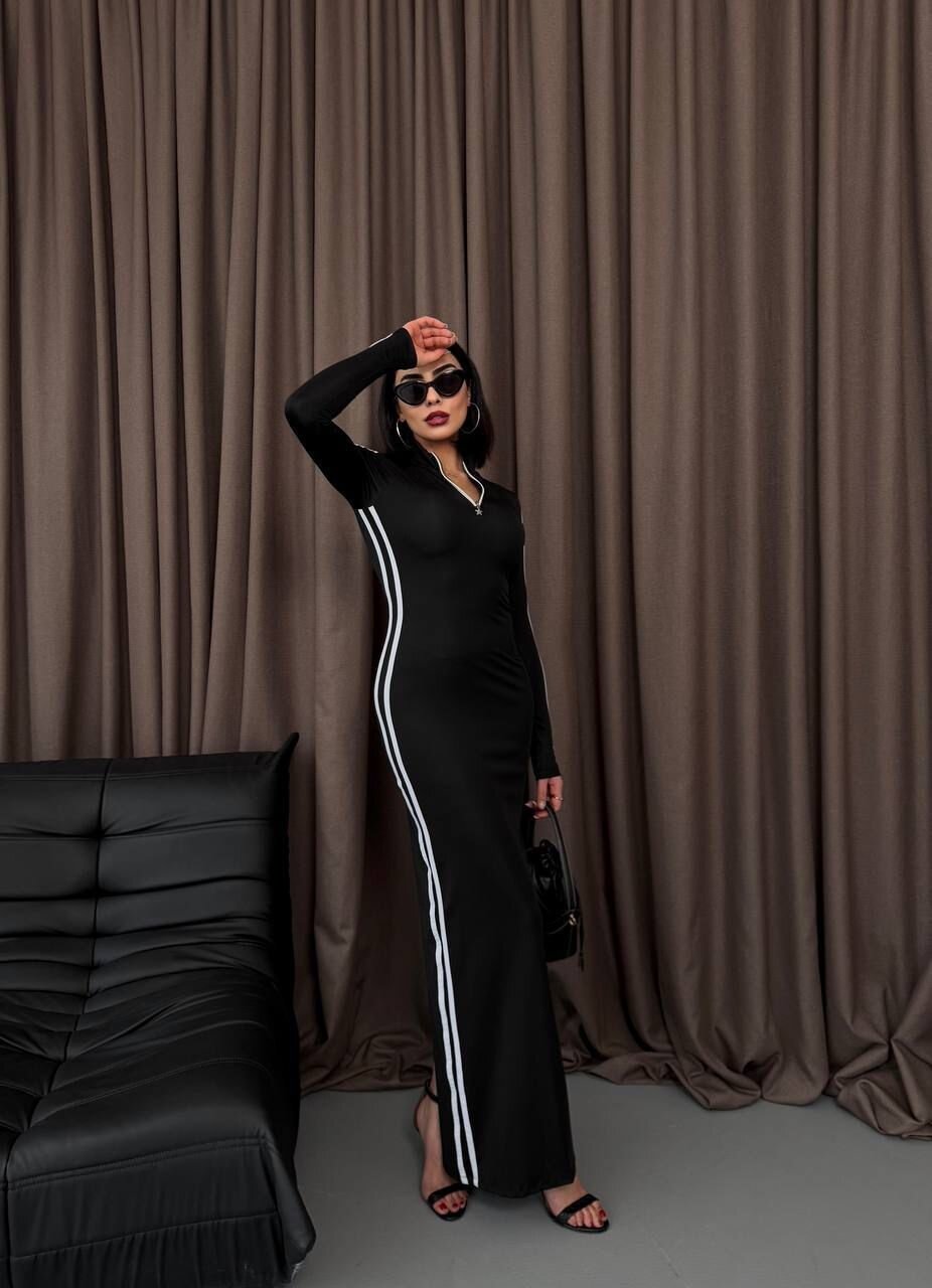 Şerit Detaylı Uzun Elbise