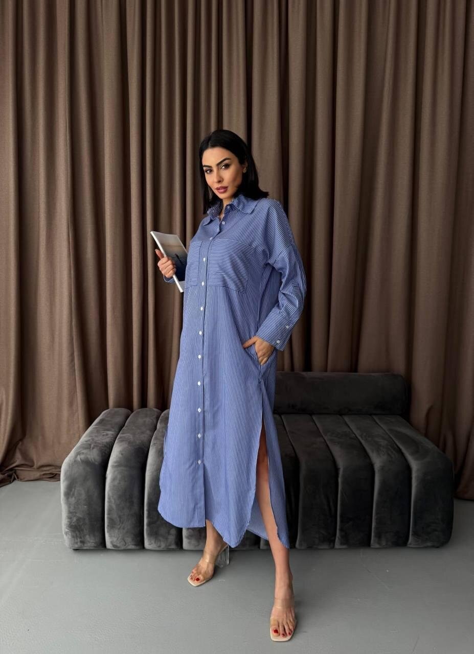 Çizgili Midi Gömlek Elbise