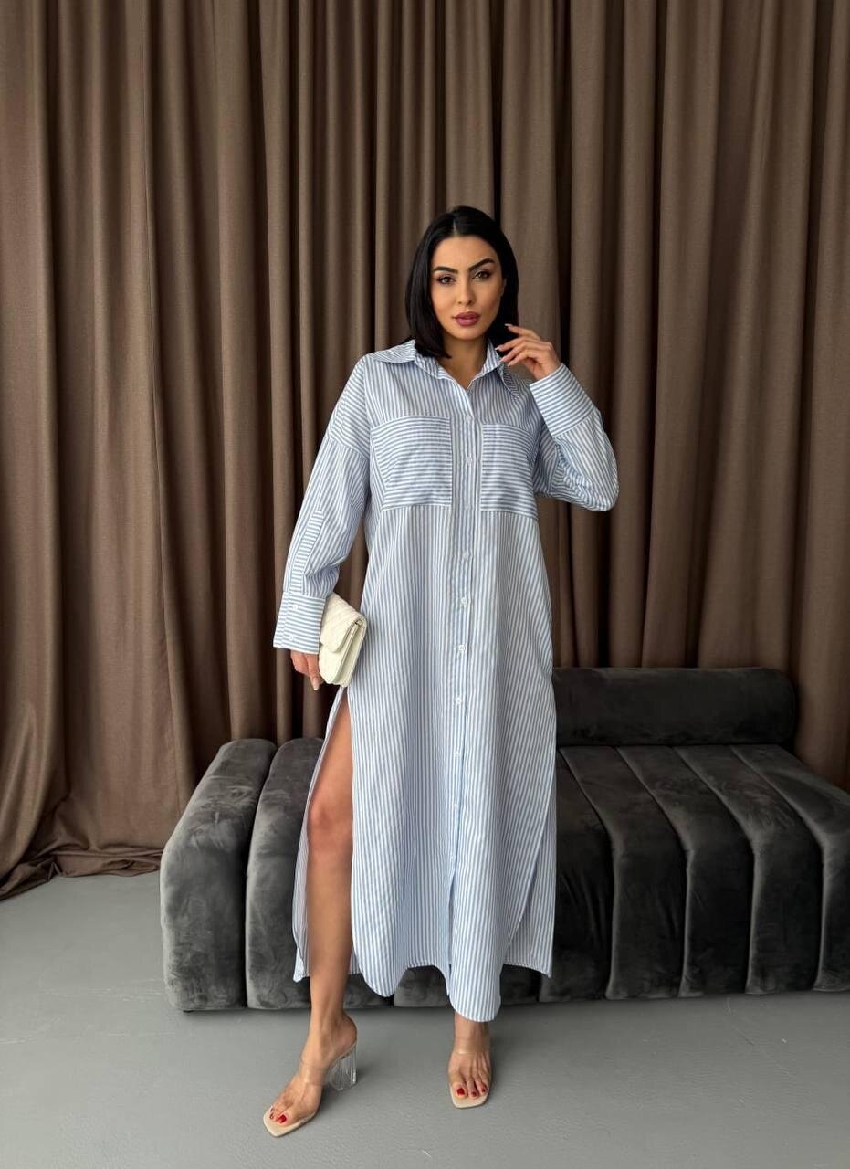 Çizgili Midi Gömlek Elbise