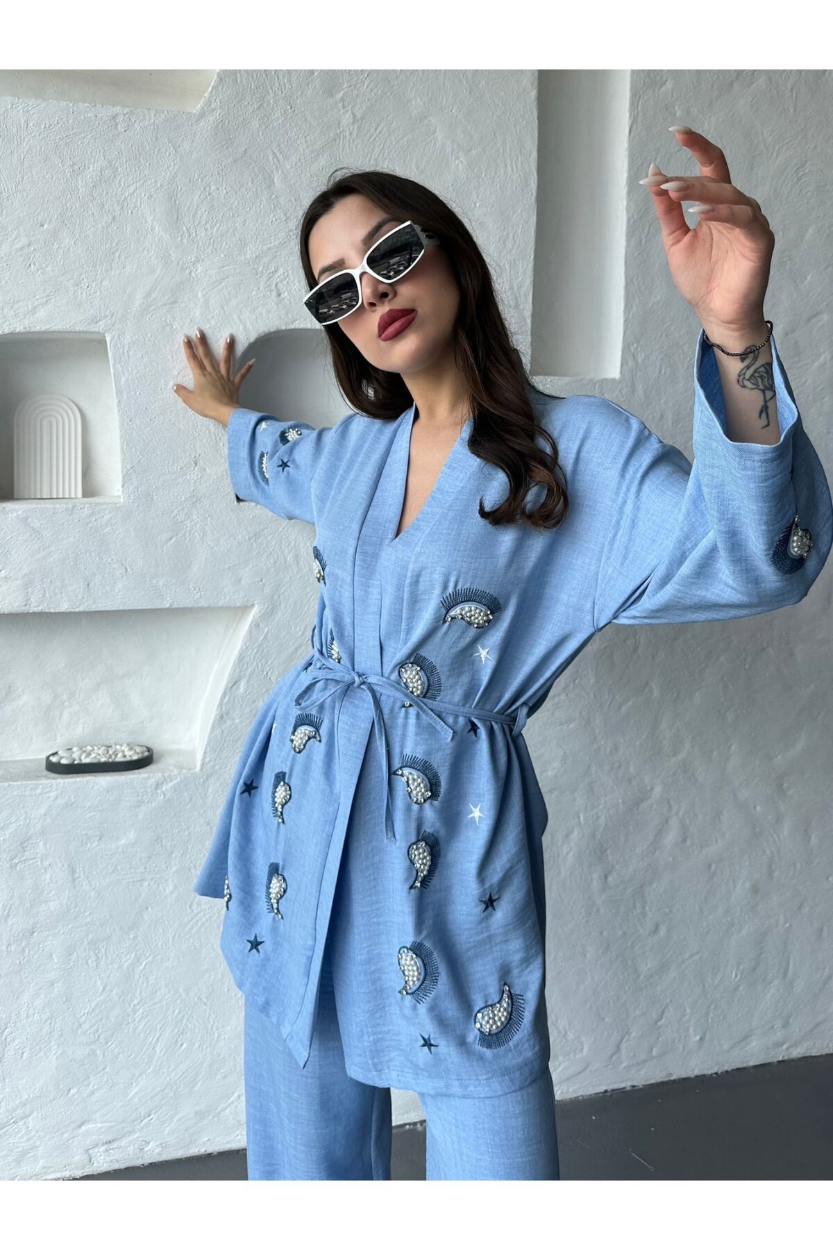 Nakış İşlemeli Kimono & Pantolon İkili Takım