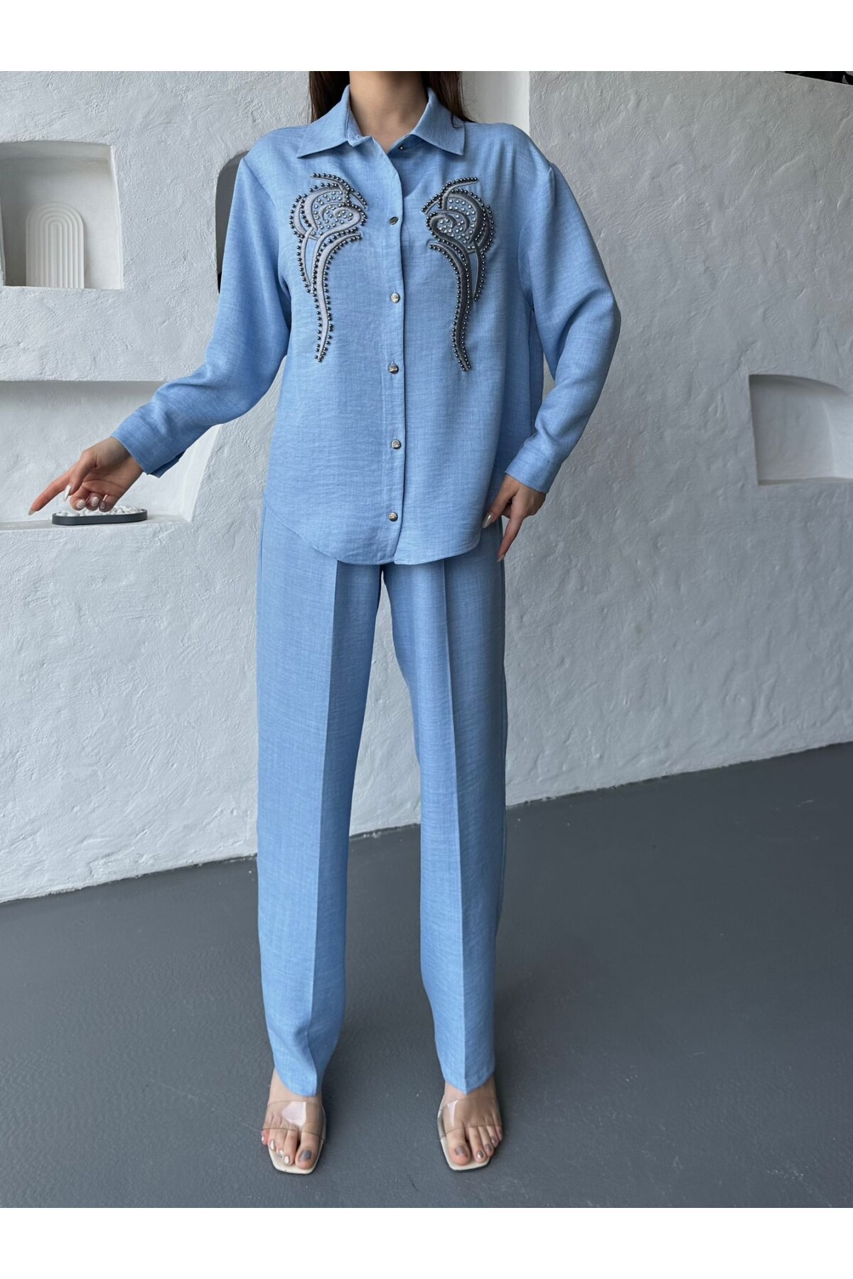 İşleme Detaylı Gömlek & Pantolon Keten İkili Takım