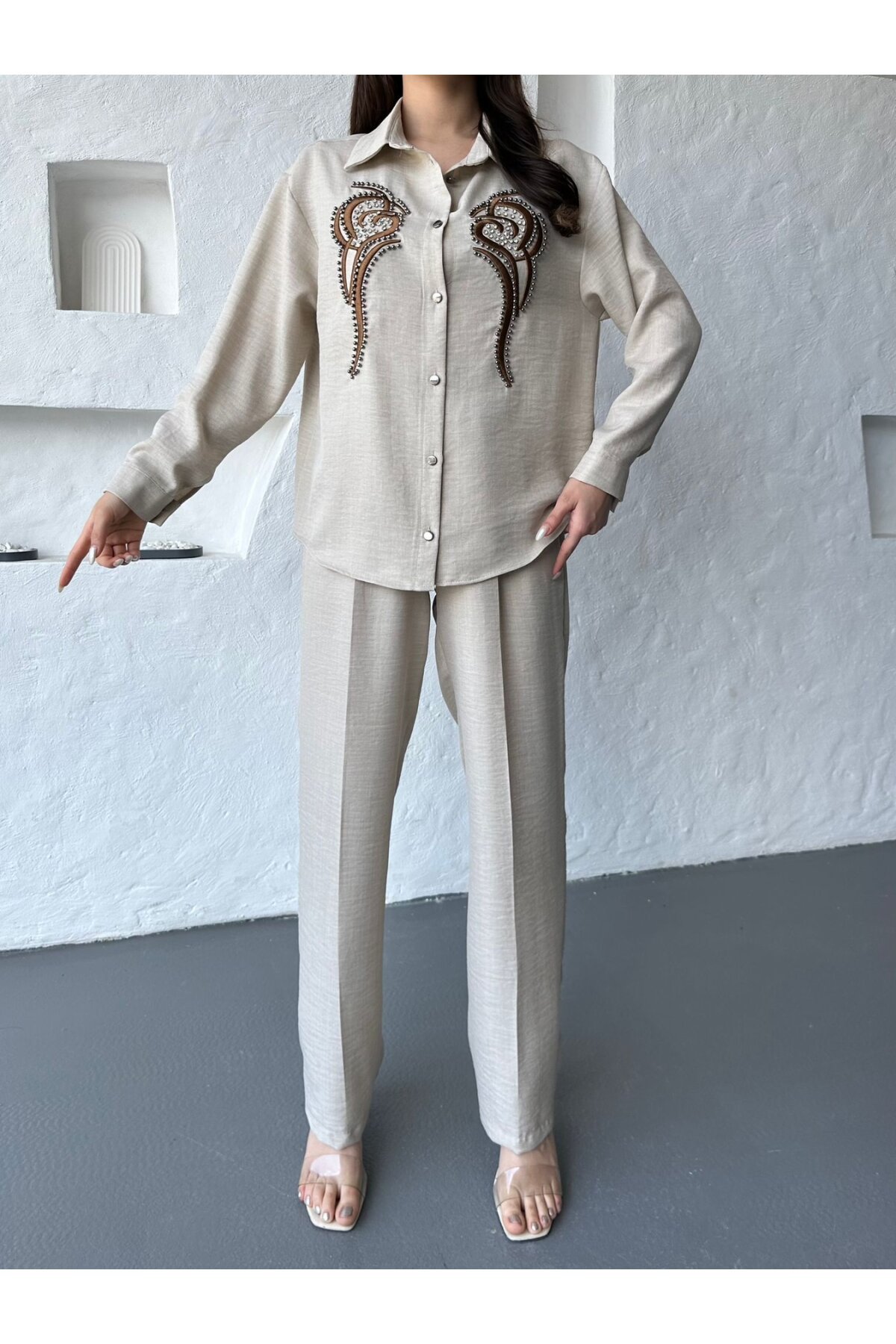 İşleme Detaylı Gömlek & Pantolon Keten İkili Takım