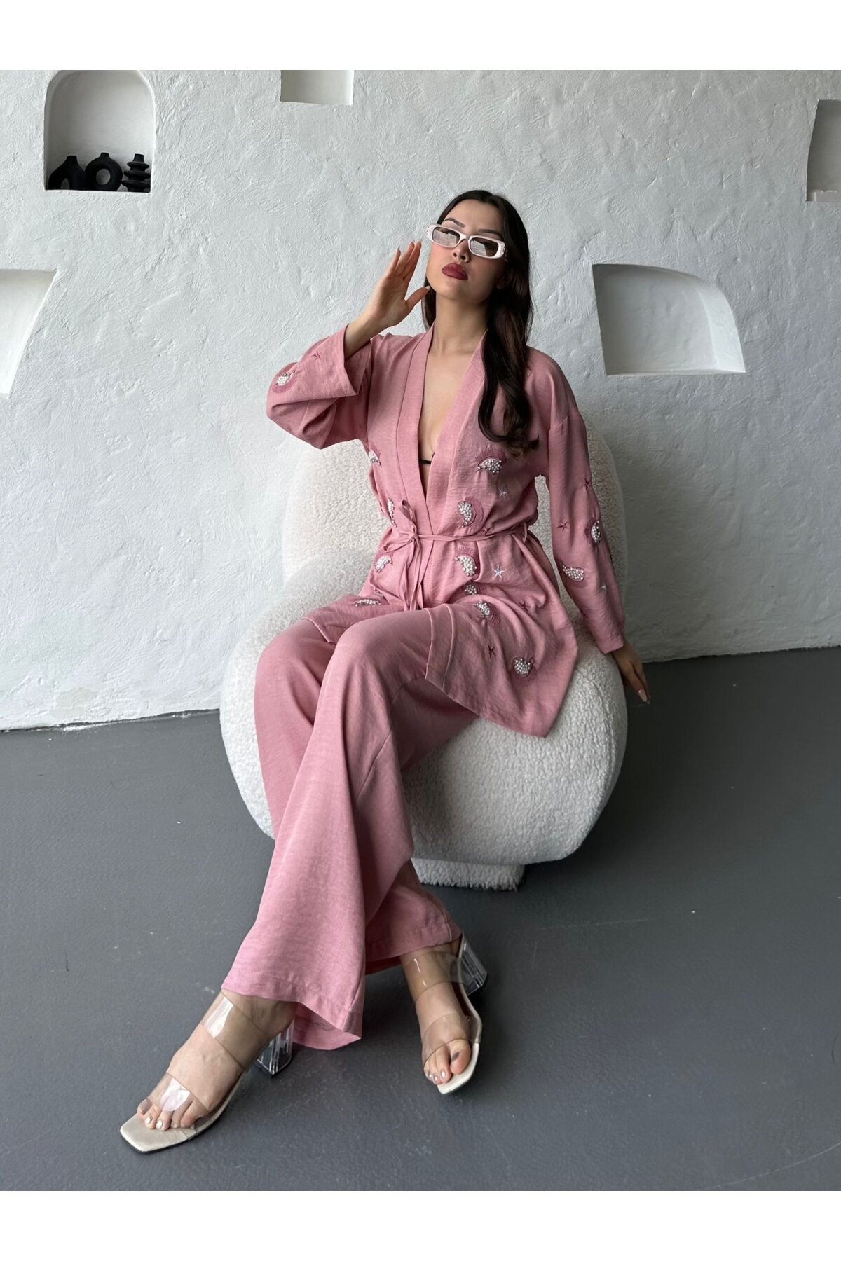 Nakış İşlemeli Kimono & Pantolon İkili Takım