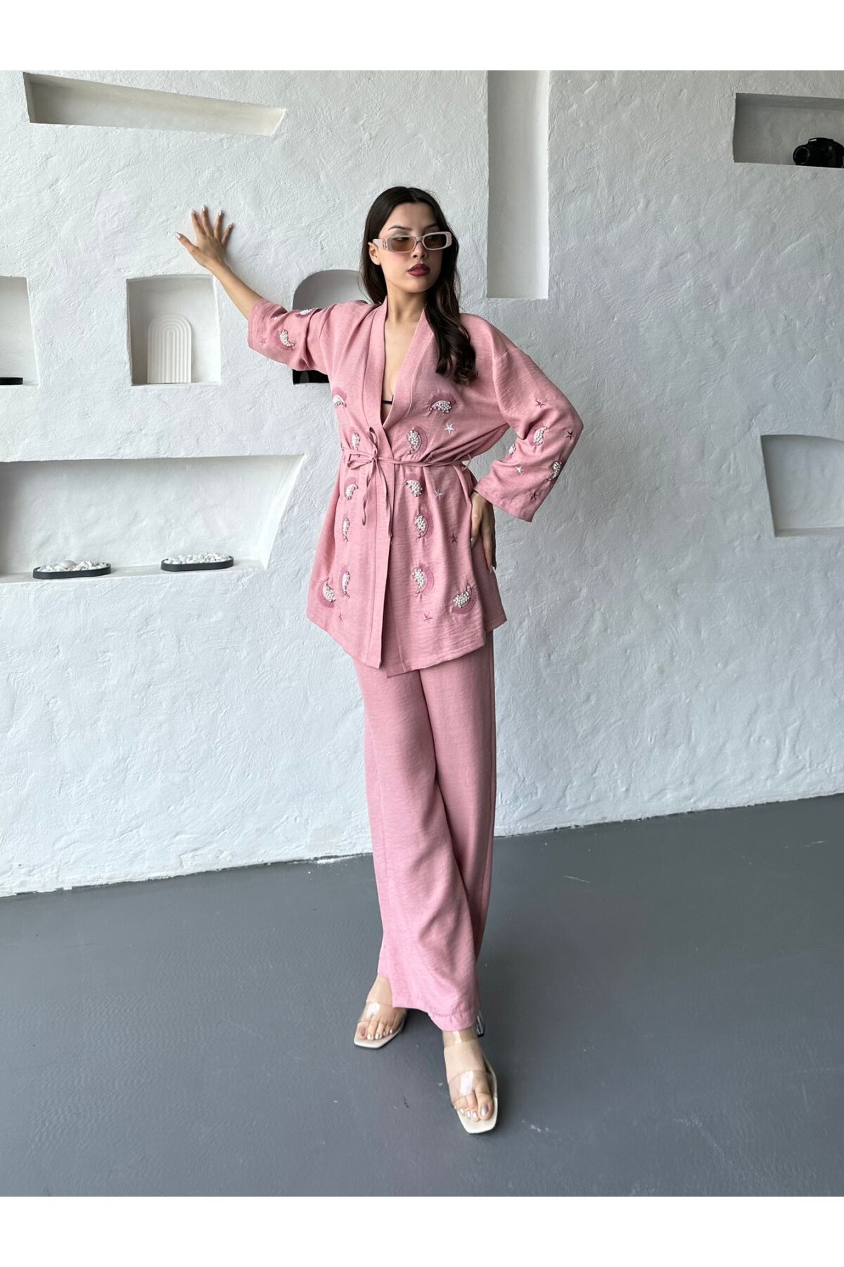 Nakış İşlemeli Kimono & Pantolon İkili Takım