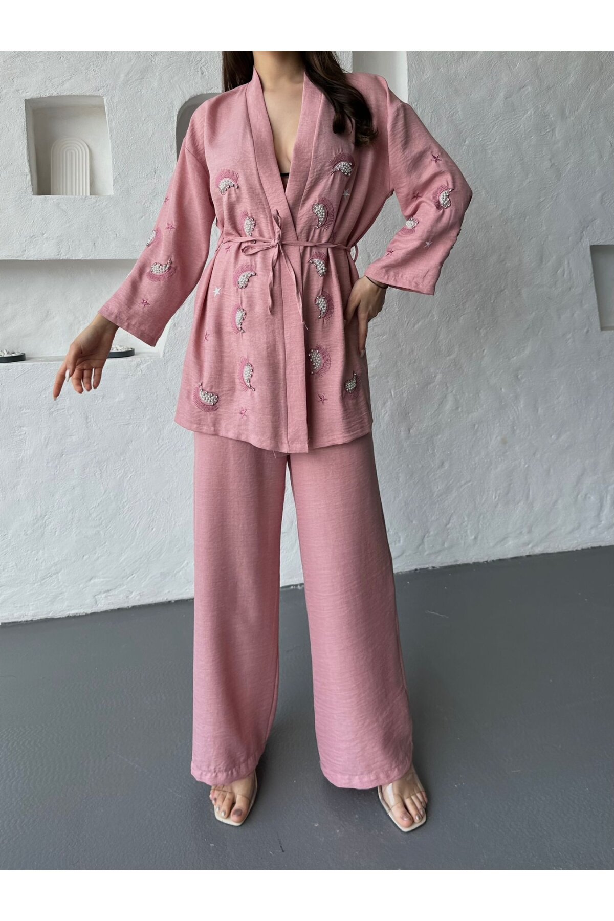 Nakış İşlemeli Kimono & Pantolon İkili Takım