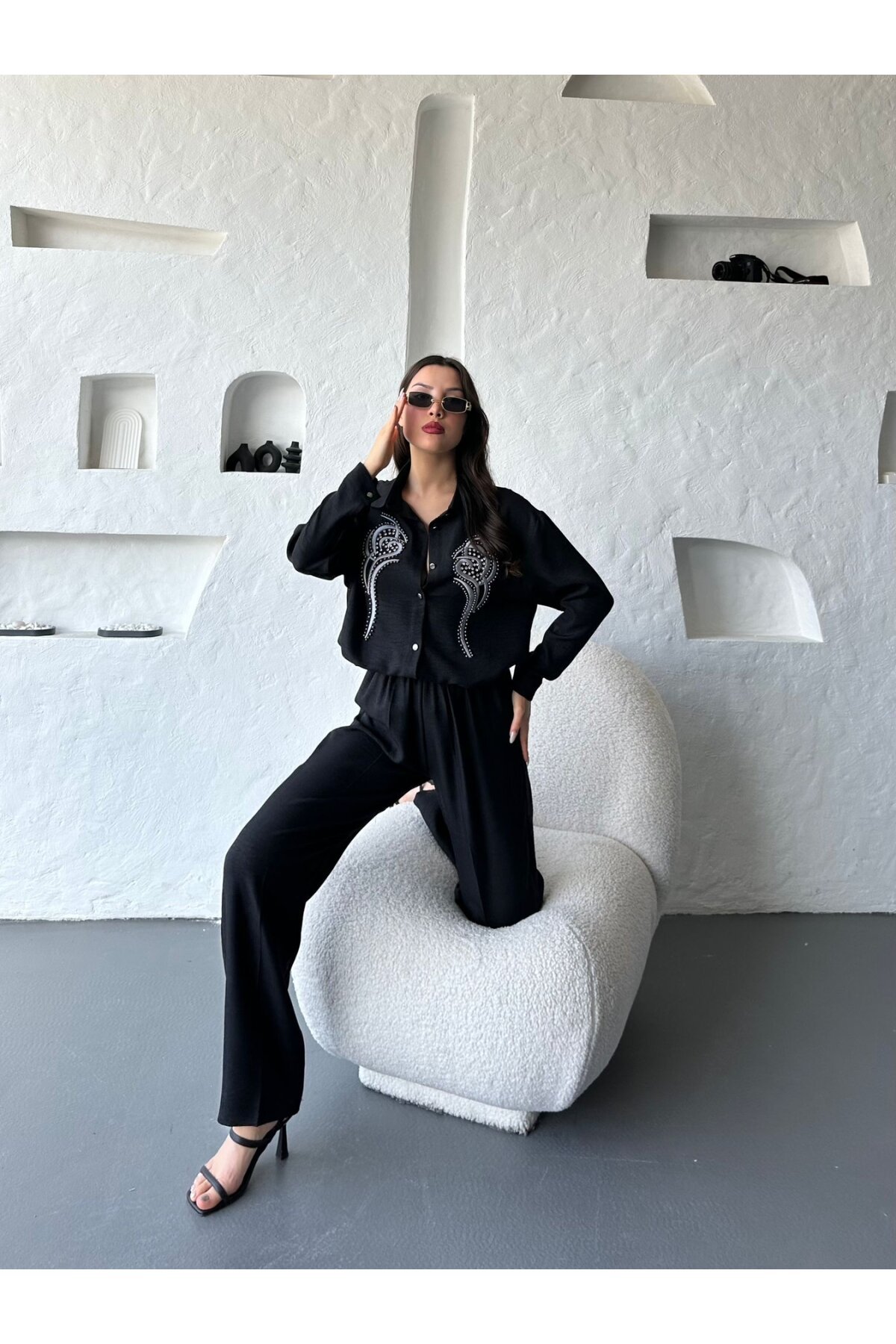 İşleme Detaylı Gömlek & Pantolon Keten İkili Takım