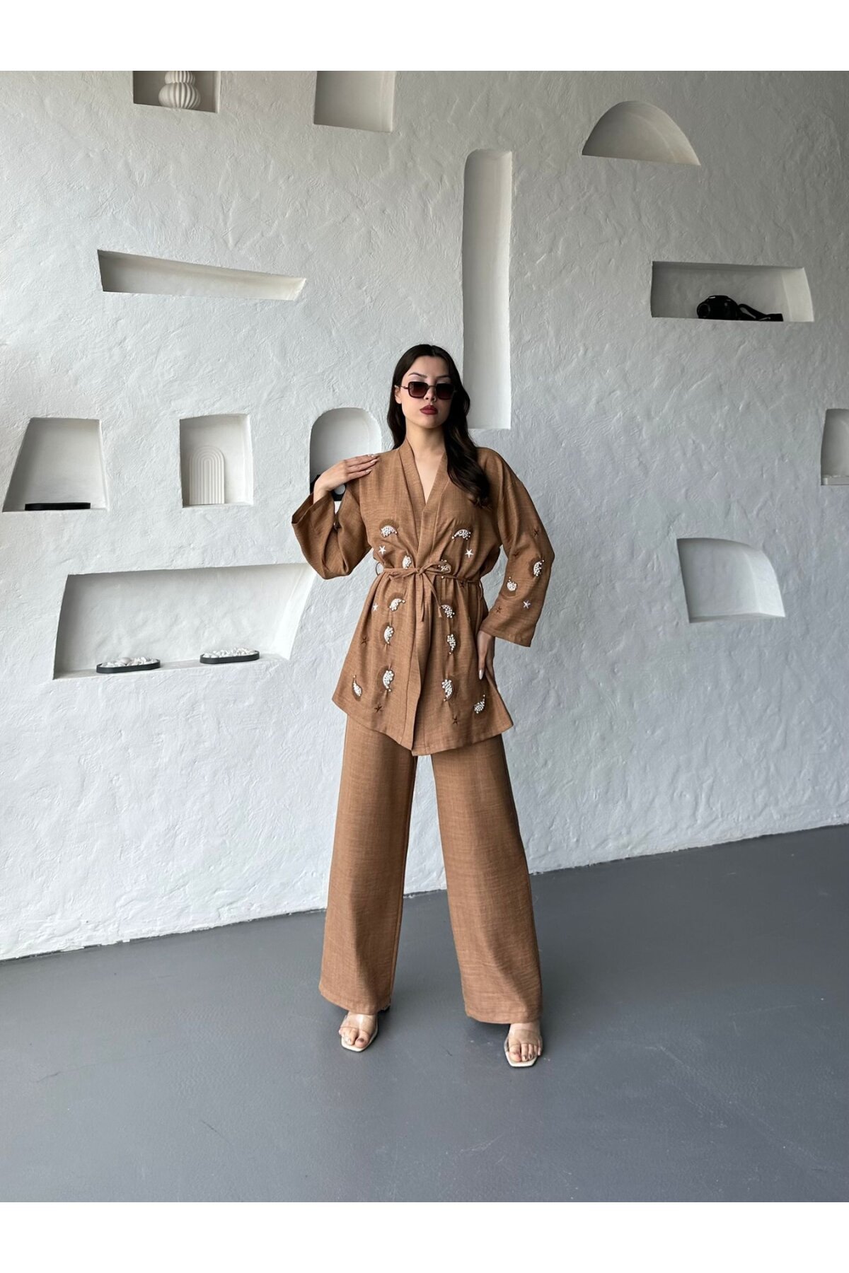 Nakış İşlemeli Kimono & Pantolon İkili Takım