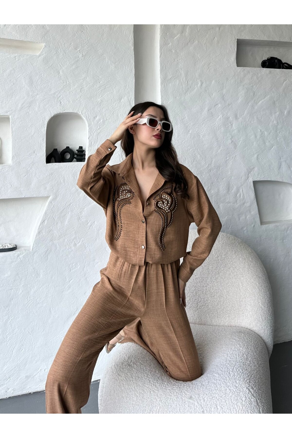 İşleme Detaylı Gömlek & Pantolon Keten İkili Takım