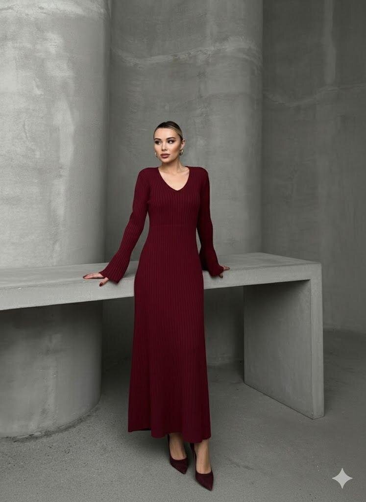 İNCE BEL V YAKA MAXİ TRİKO ELBİSE