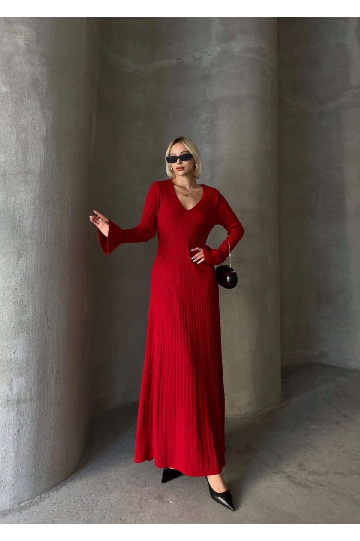 İNCE BEL V YAKA MAXİ TRİKO ELBİSE