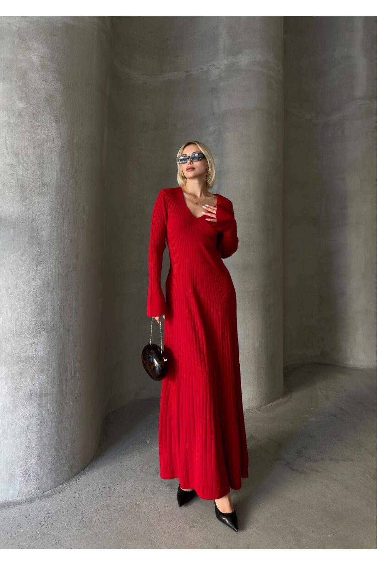 İNCE BEL V YAKA MAXİ TRİKO ELBİSE