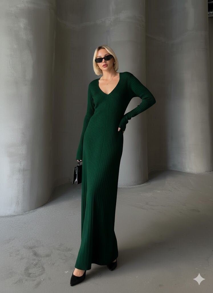 İNCE BEL V YAKA MAXİ TRİKO ELBİSE