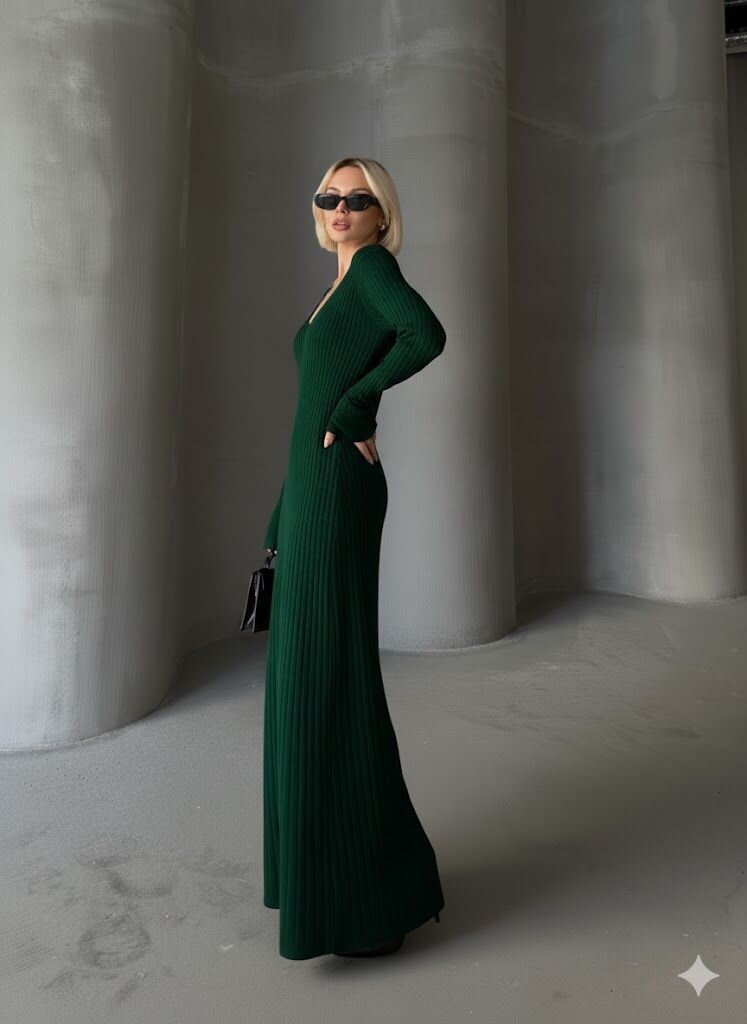 İNCE BEL V YAKA MAXİ TRİKO ELBİSE