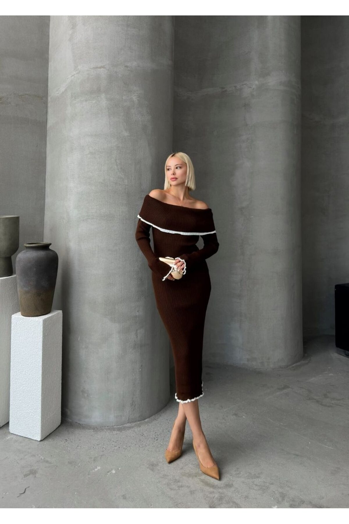 KAYIK YAKA TRİKO ŞERİTLİ ELBİSE