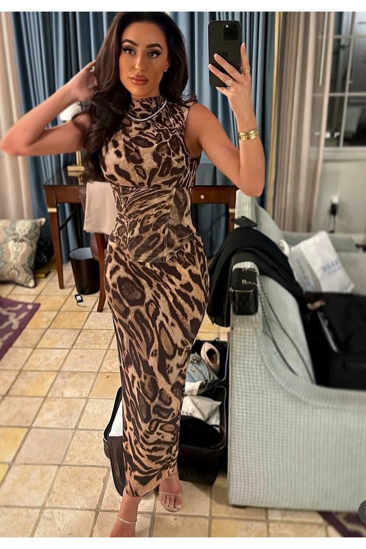 KORSE BALENLİ LEOPAR ELBİSE