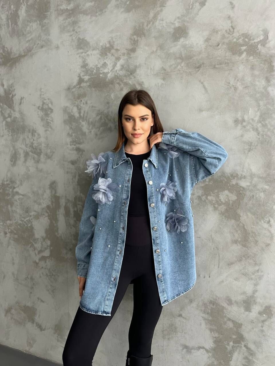 Organze Çiçek Tasarımlı Kot Gömlek