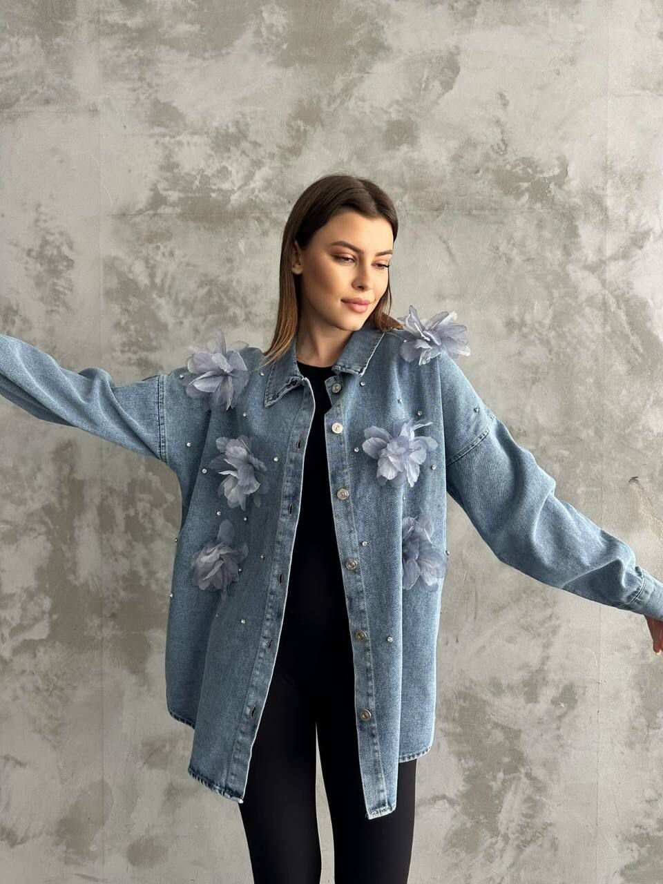 Organze Çiçek Tasarımlı Kot Gömlek