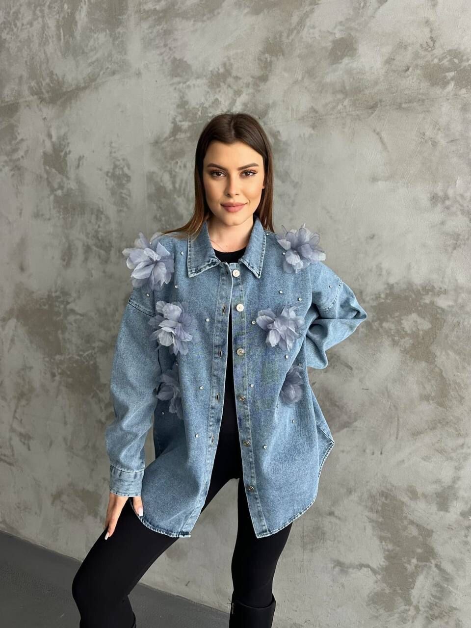 Organze Çiçek Tasarımlı Kot Gömlek