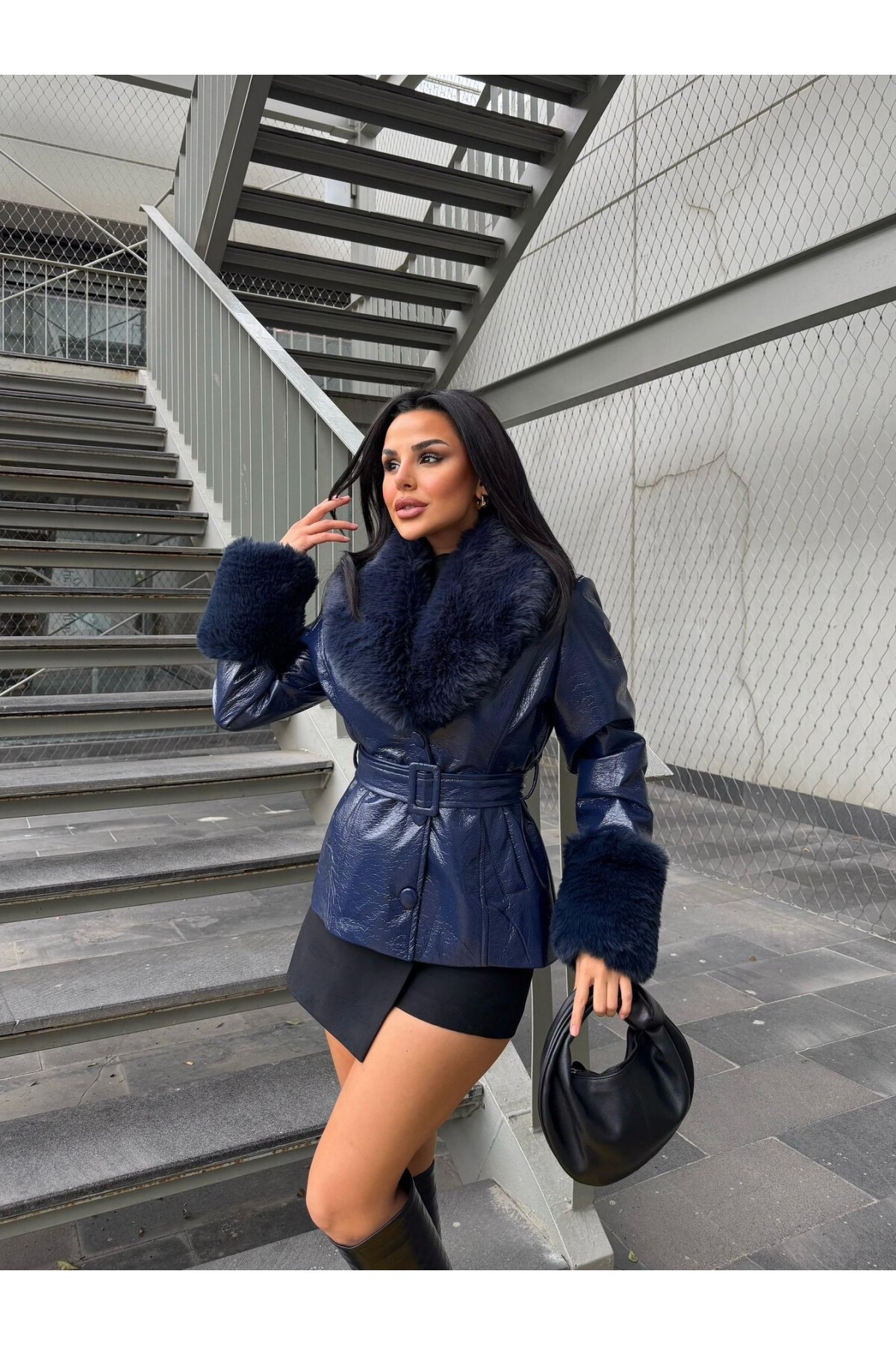 Kürk Detaylı Suni Deri Kaban