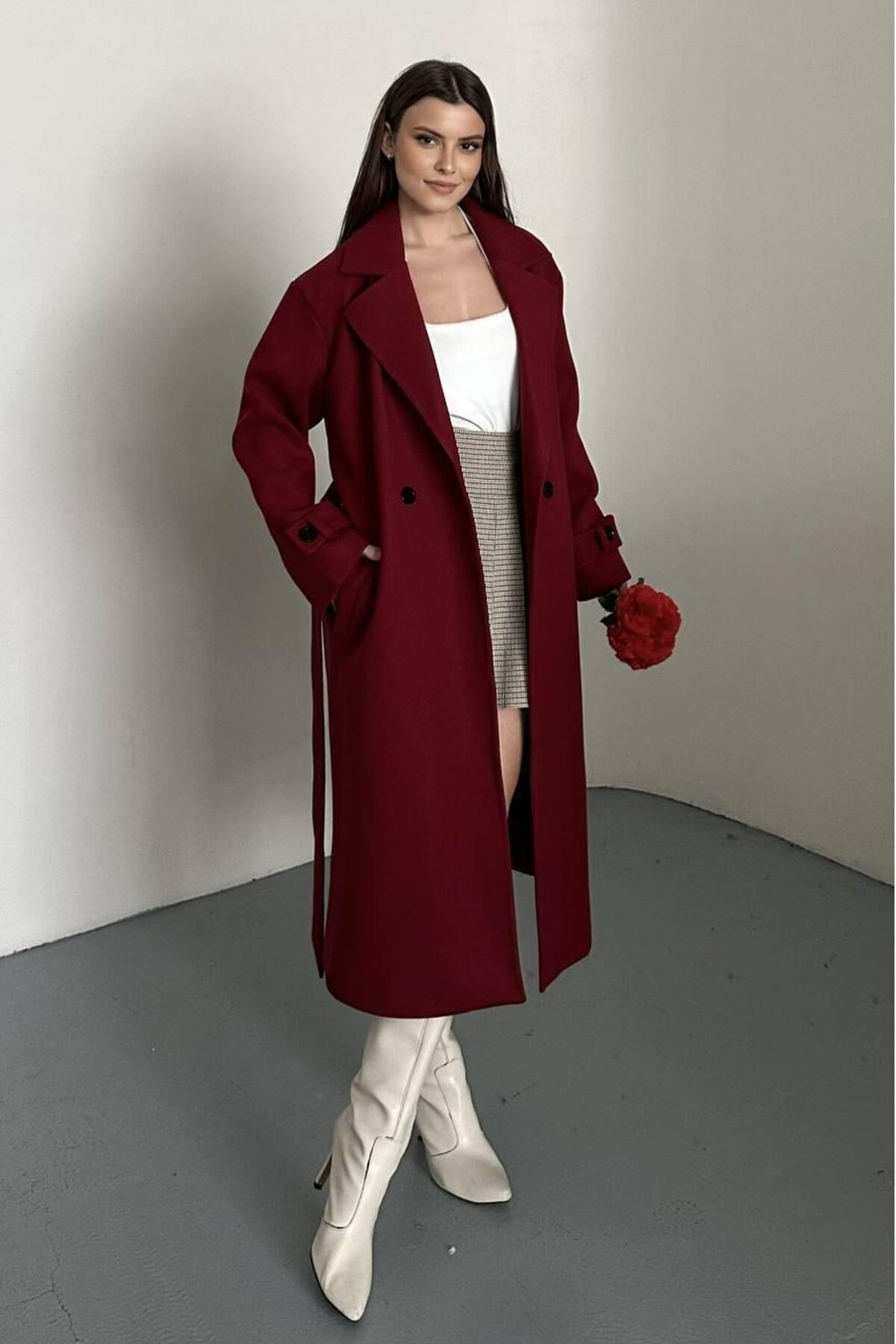 KUŞAKLI DÜĞME DETAYLI KAŞE KABAN