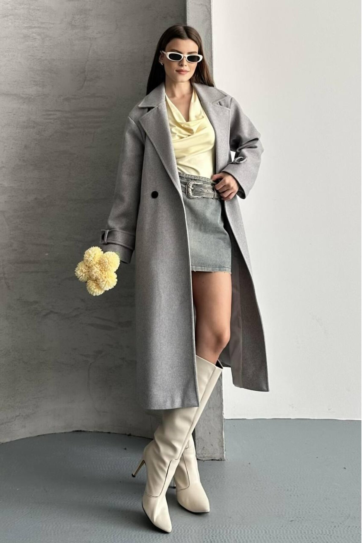 KUŞAKLI DÜĞME DETAYLI KAŞE KABAN