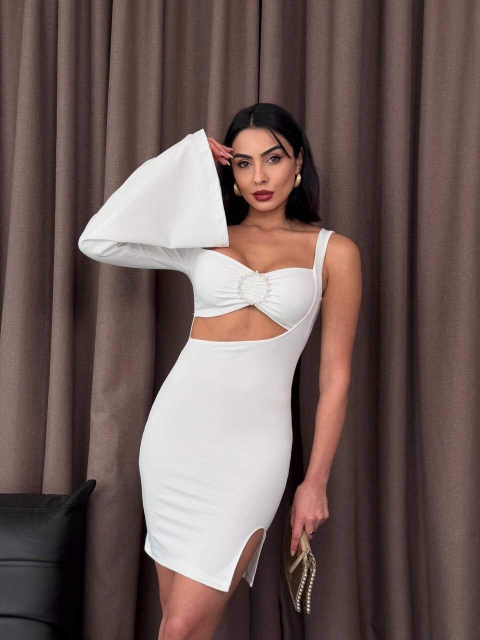 Halka Detaylı Tek Kol Mini Elbise