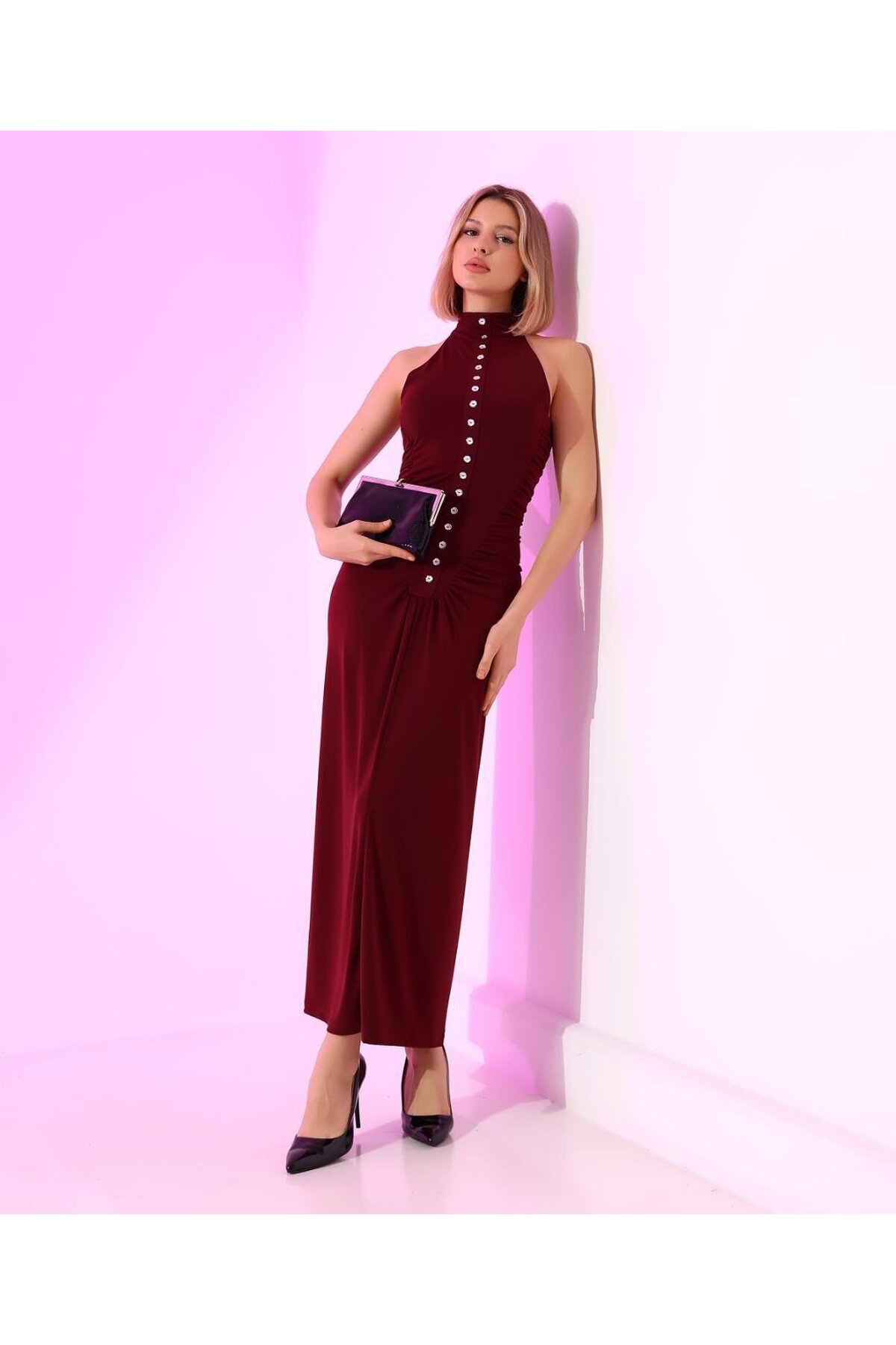 SANDY FULL LİKRALI DÜĞME DETAY ELBİSE