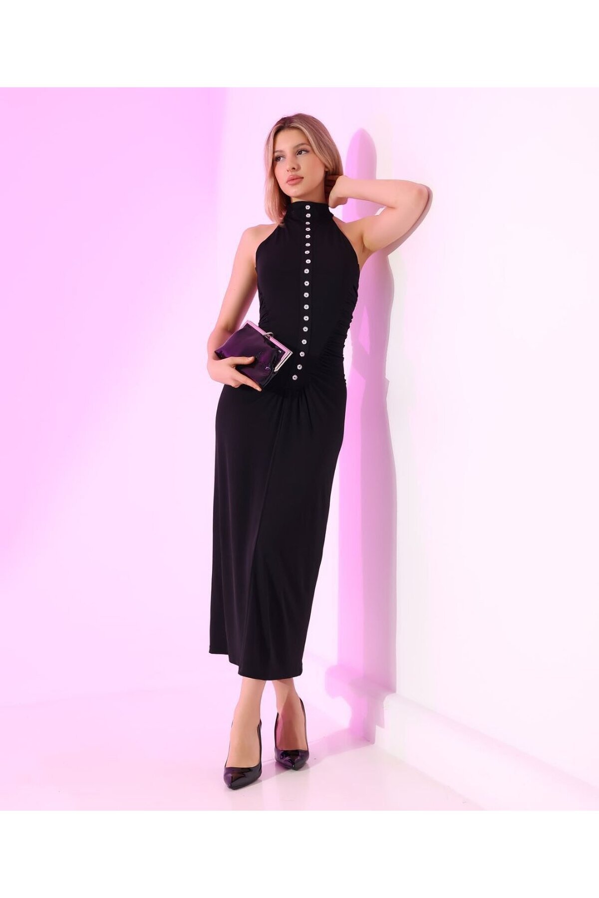 SANDY FULL LİKRALI DÜĞME DETAY ELBİSE