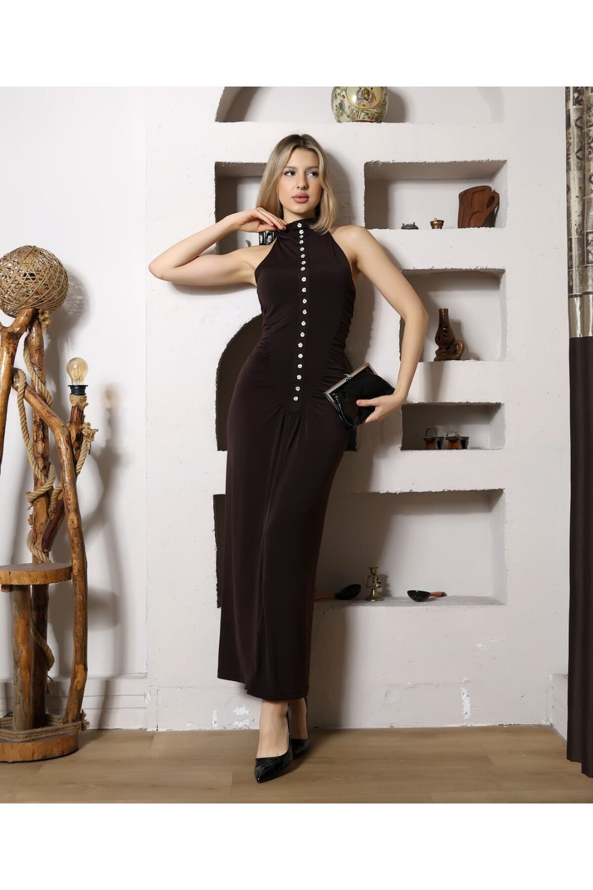 SANDY FULL LİKRALI DÜĞME DETAY ELBİSE