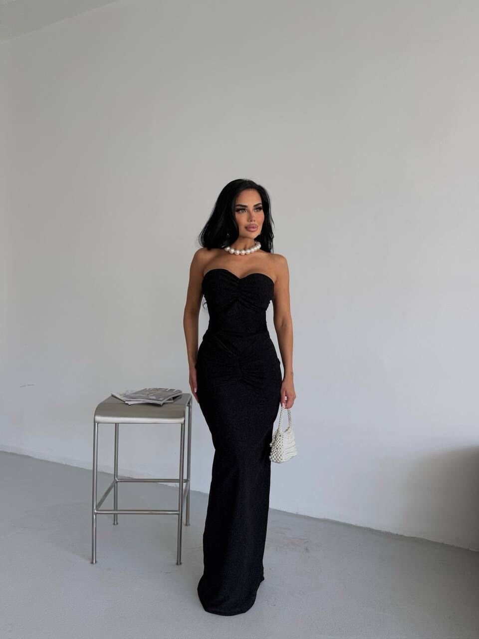 Straplez Simli Uzun Elbise