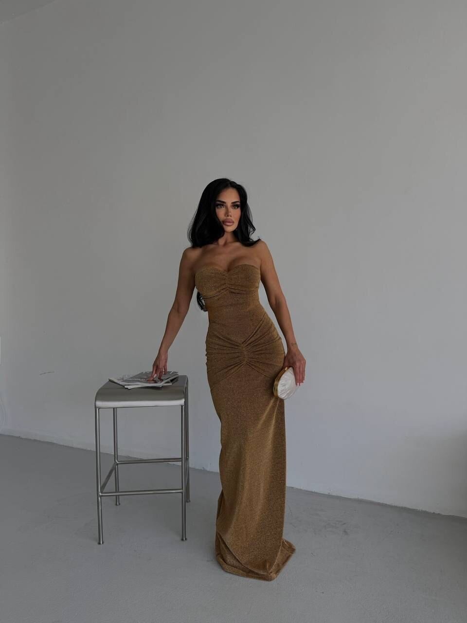 Straplez Simli Uzun Elbise