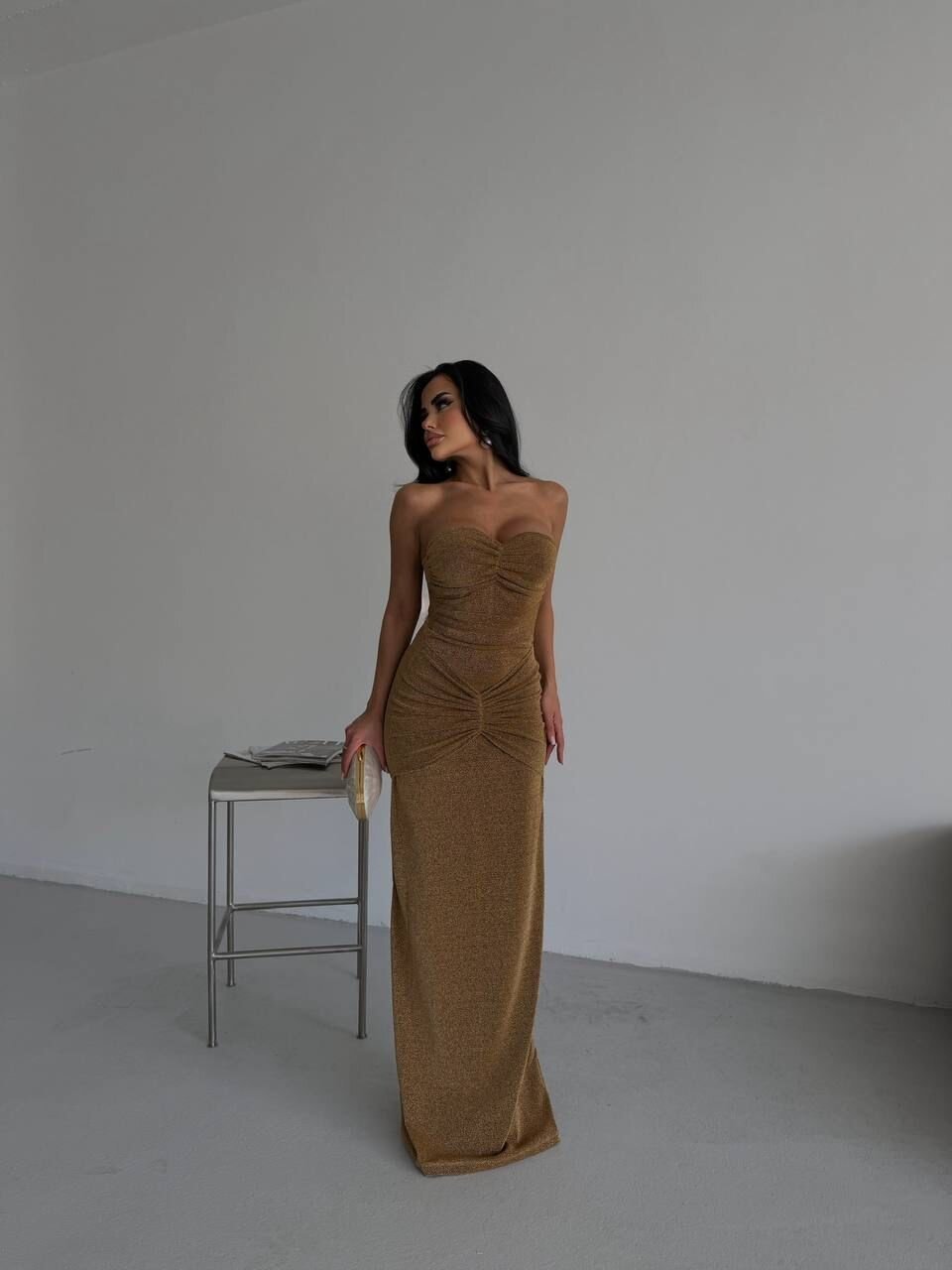 Straplez Simli Uzun Elbise