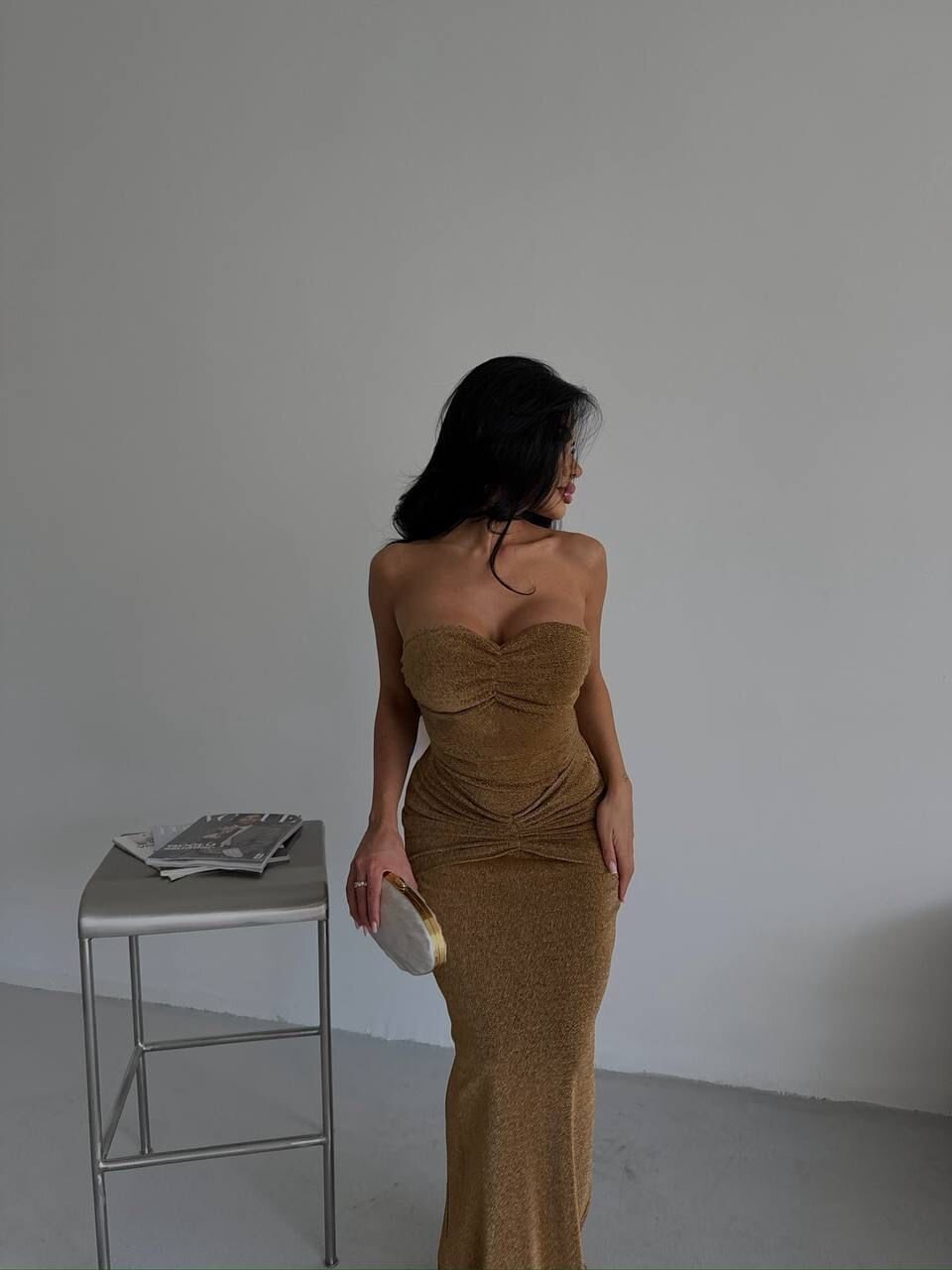 Straplez Simli Uzun Elbise