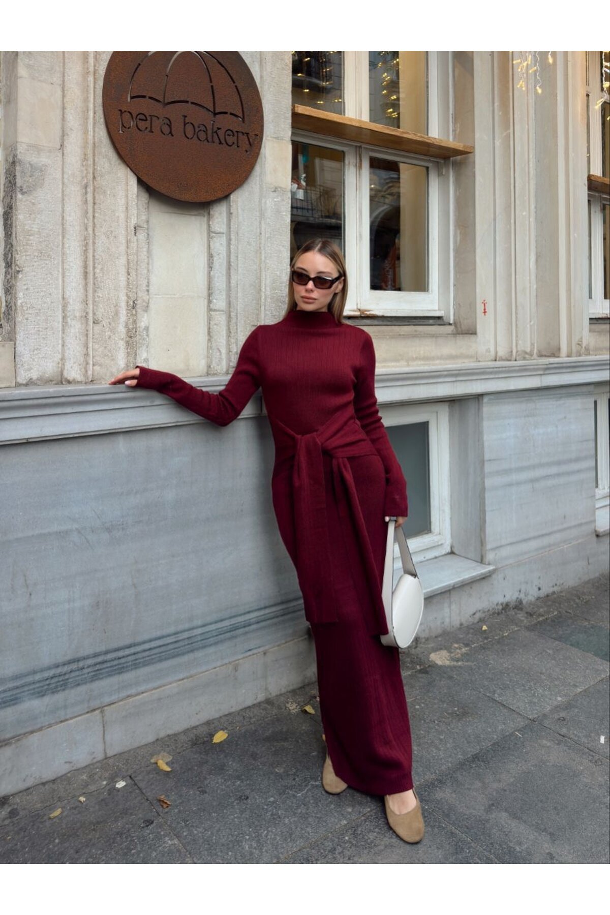 TRİKO BELDEN KUŞAK DETAYLI ELBİSE