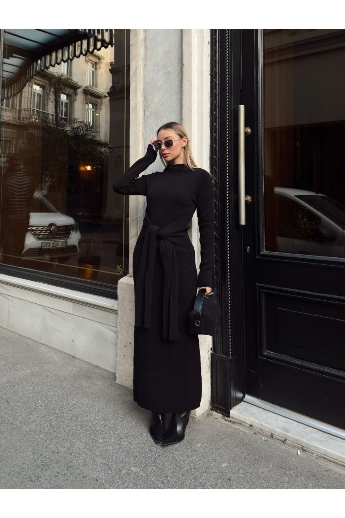 TRİKO BELDEN KUŞAK DETAYLI ELBİSE