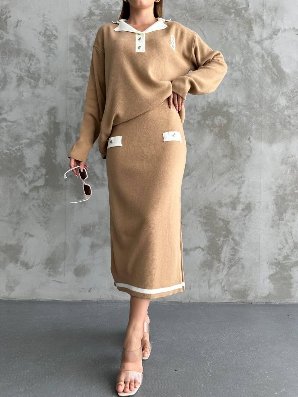 Biye Detaylı Bluz Etek İkili Takım