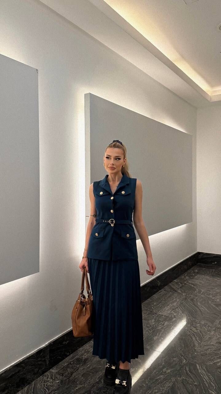 Vatkalı Yelek Etek İkili Takım