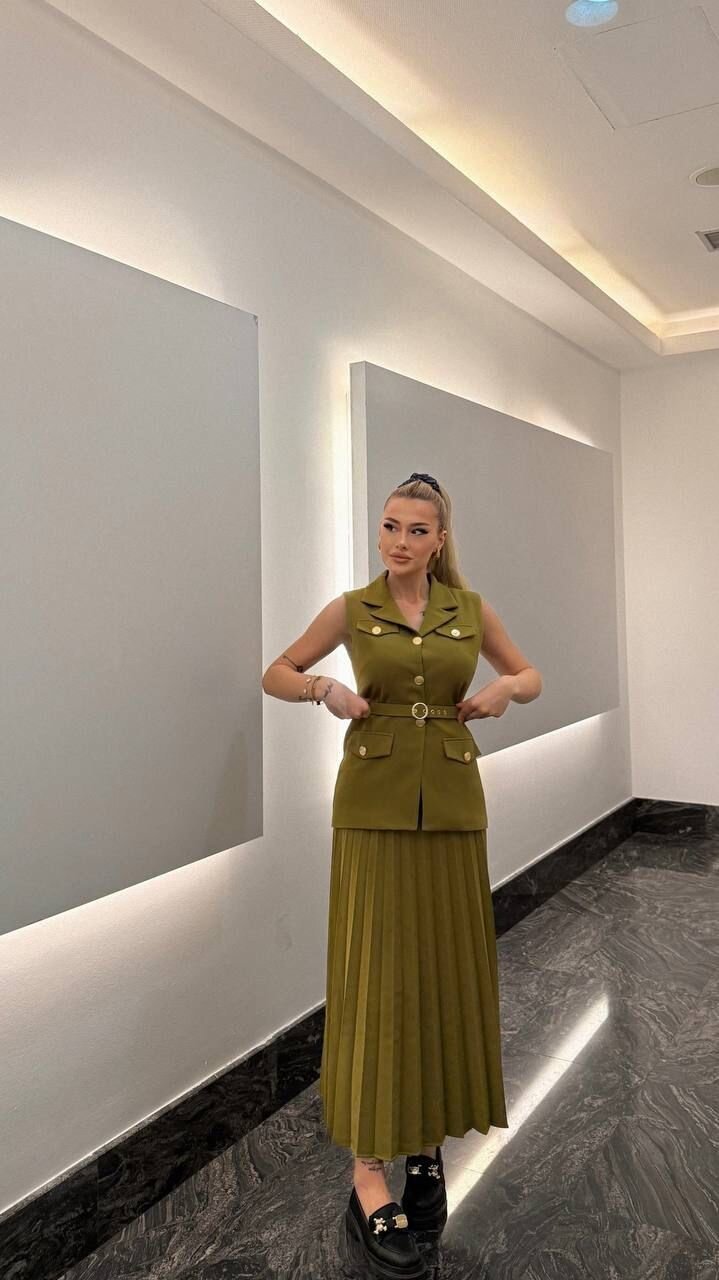 Vatkalı Yelek Etek İkili Takım