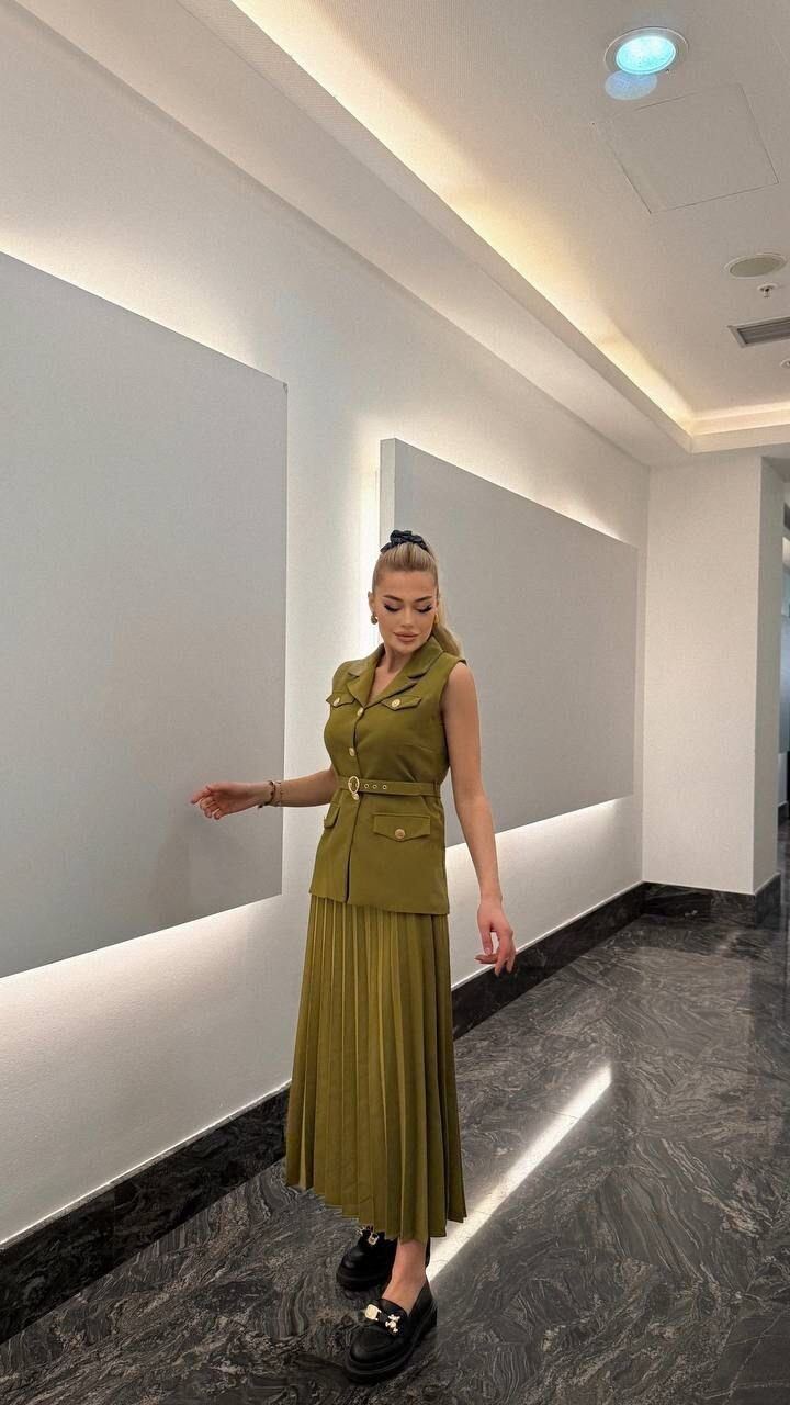 Vatkalı Yelek Etek İkili Takım