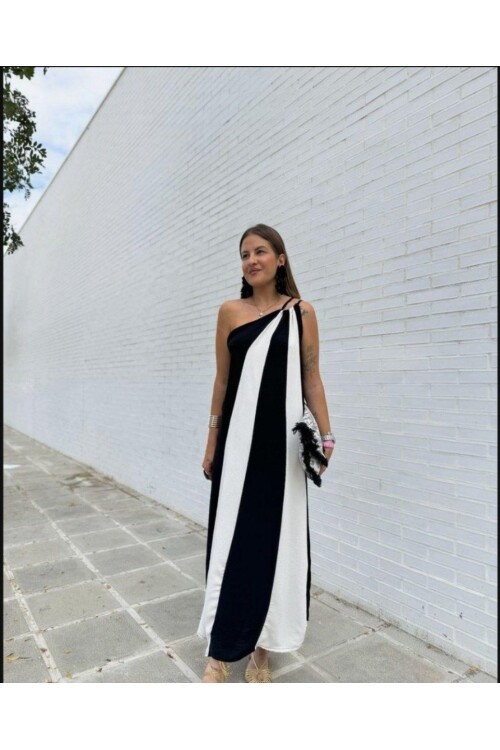 ÇİFT RENKLİ ELBİSE-SİYAH